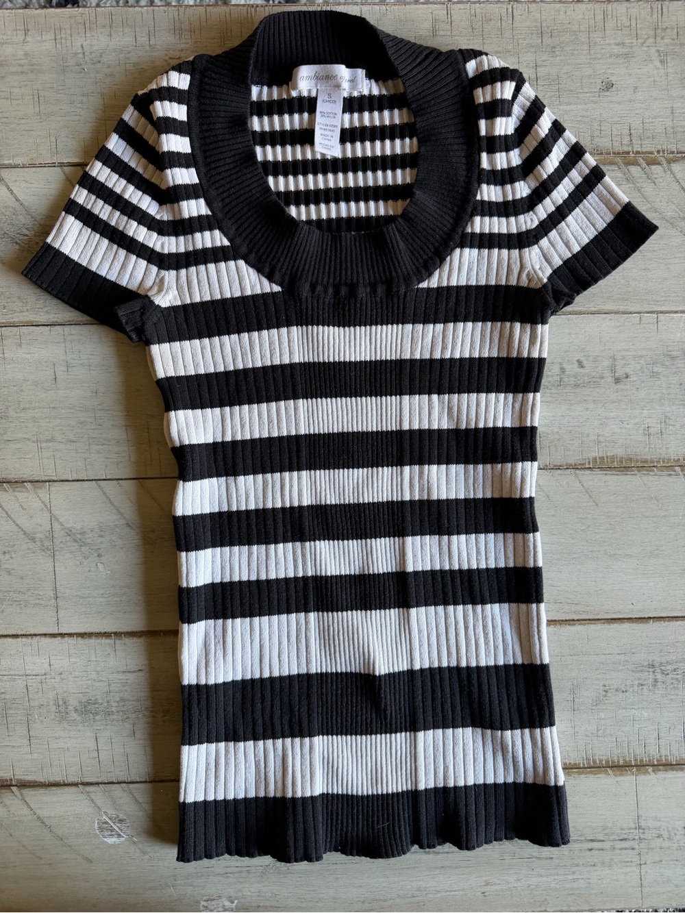Ambiance Apparel Y2K Black & White Striped Ribbed Short-Sleeve Top